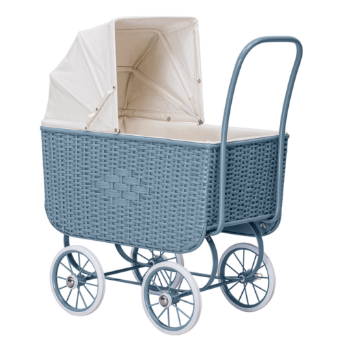 Doll pram - retro rattan, blue