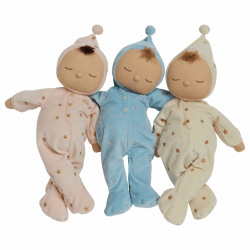 Lullaby dozy dinkum blue, ballet pink, and buttercream