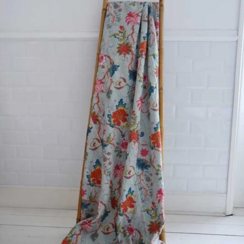 Blue Exotic Flower Kantha Throw