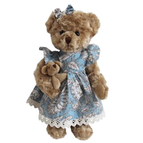 Teddy Bear With Cornflower Blue Print Dress And Baby