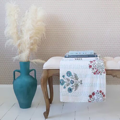 Blue & pink floral block print kantha throw