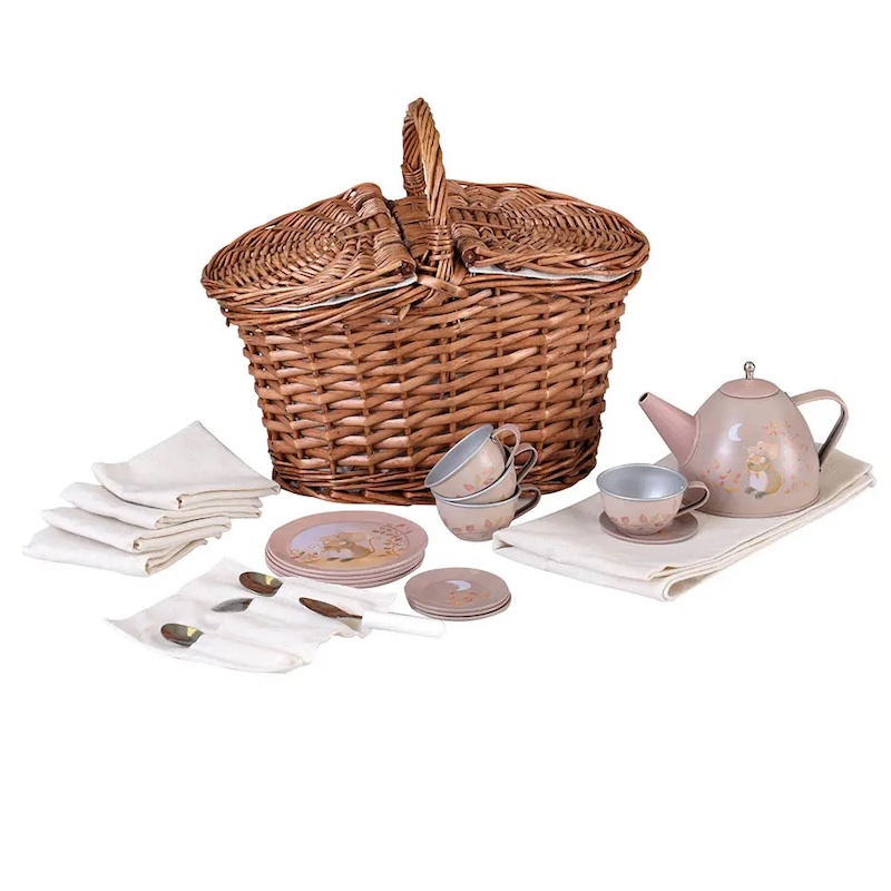 Mouse tin tea set in a basket