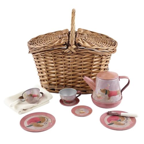 Musical Dogs tin tea set in basket