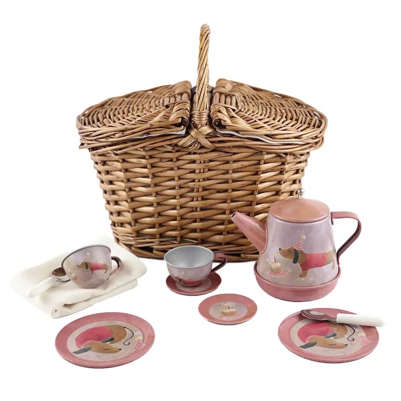 Musical Dogs tin tea set in basket